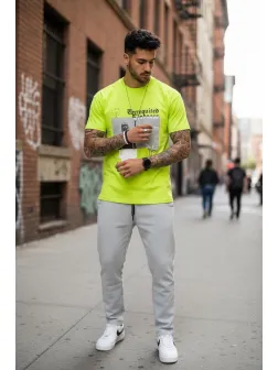 Tricou barbati galben neon, cu imprimeu, slim Y205 22A-5.2